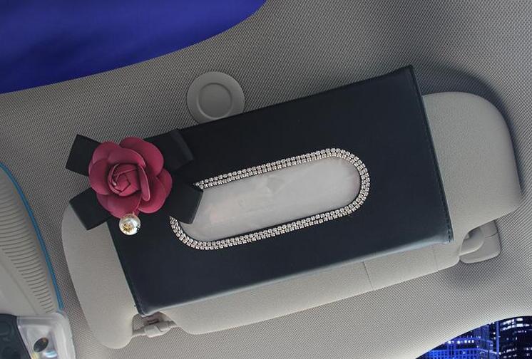 Rose Camellia Bling Leather Car Tissue Paper Box Holder Case Seat Back Hanging Tissue Bag - Black