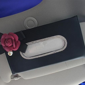 Rose Camellia Bling Leather Car Tissue Paper Box Holder Case Seat Back Hanging Tissue Bag - Black