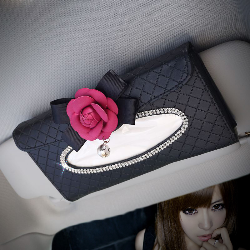 Rose Camellia Bling Leather Car Tissue Paper Box Holder Hanging Seat Back Good Tissue Bag - Black