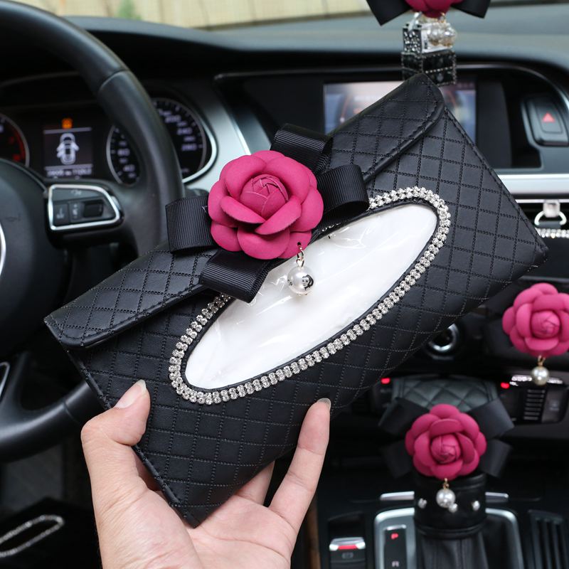 Rose Camellia Bling Leather Car Tissue Paper Box Holder Hanging Seat Back Good Tissue Bag - Black