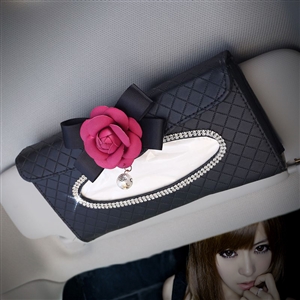 Rose Camellia Bling Leather Car Tissue Paper Box Holder Hanging Seat Back Good Tissue Bag - Black