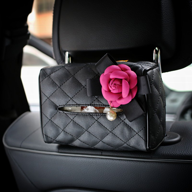 Rose Camellia Leather Auto Tissue Box Holder Case Auto Seat Back Hanging Tissue Bag - Black