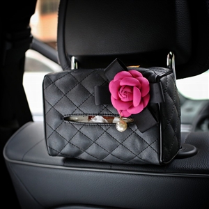 Rose Camellia Leather Auto Tissue Box Holder Case Auto Seat Back Hanging Tissue Bag - Black