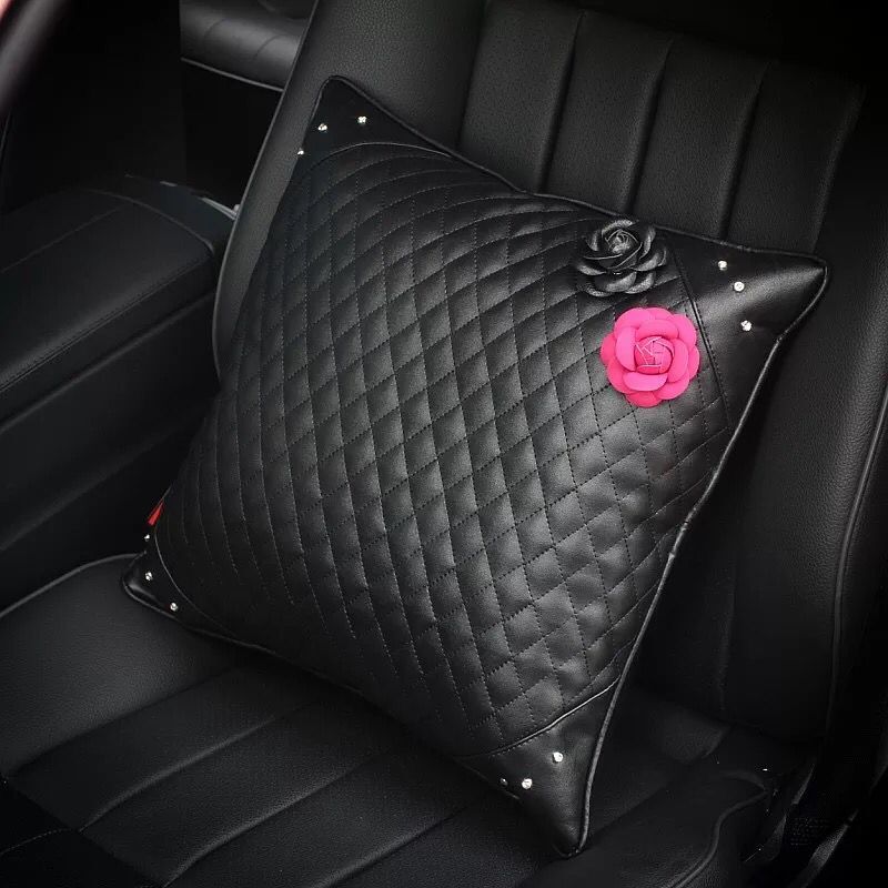Rose Camellia Women Rhinestone Auto Seat Lumbar Pillows PU Leather Square Cushions 1pcs - Black