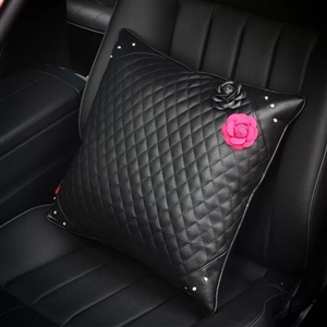 Rose Camellia Women Rhinestone Auto Seat Lumbar Pillows PU Leather Square Cushions 1pcs - Black