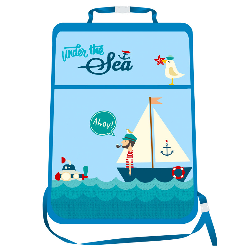 Sailboat Waterproof Kids Car Anti-Kick Pad Seat Back Storage Bag Touchable Screen Organizer Protector - Blue