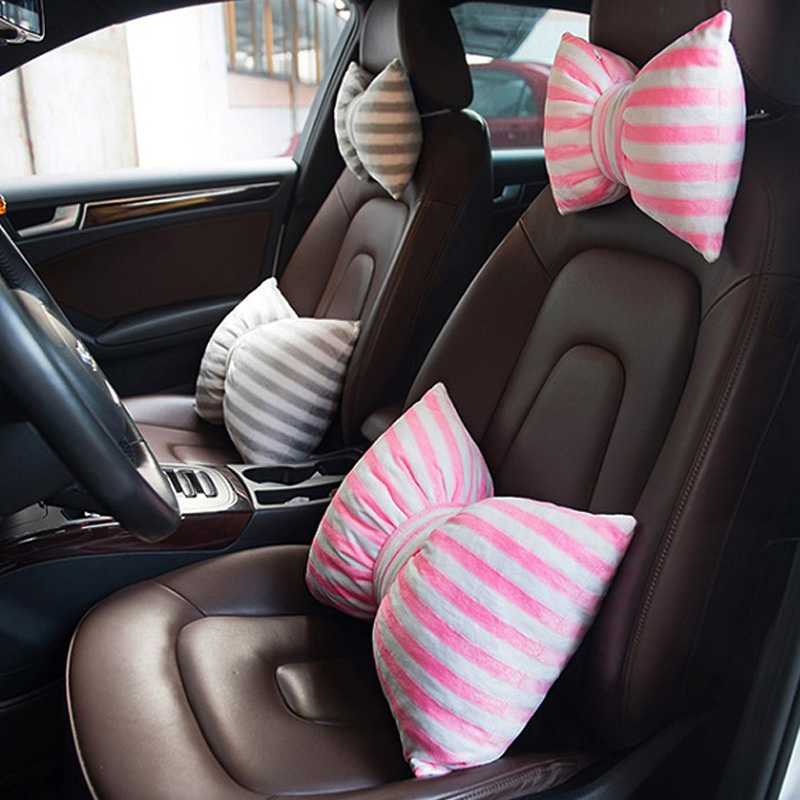 Stripe Bowknot Auto Headrest Plush Car Neck Pillow Four Seasons General for Women - Black