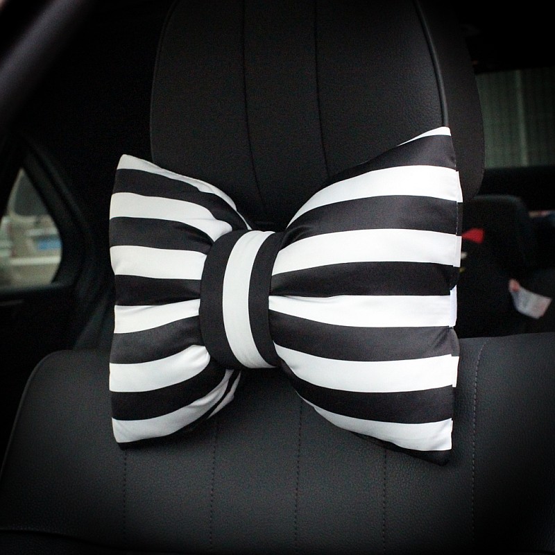 Stripe Bowknot Auto Headrest Plush Car Neck Pillow Four Seasons General for Women - Black