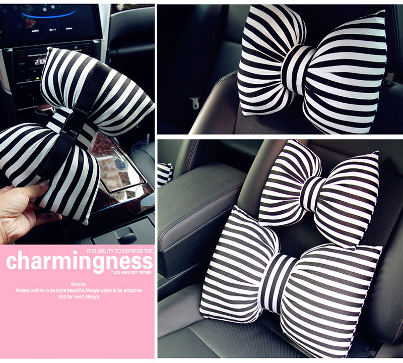 Stripe Bowknot Auto Headrest Plush Car Neck Pillow Four Seasons General for Women - Black