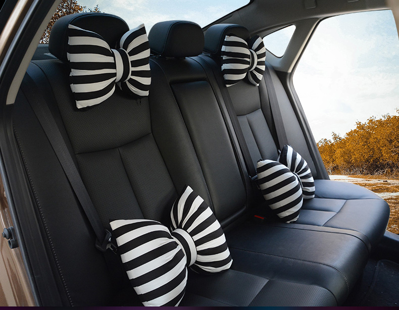 Stripe Bowknot Auto Headrest Plush Car Neck Pillow Four Seasons General for Women - Black