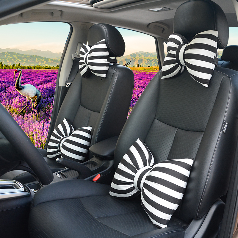 Stripe Bowknot Auto Headrest Plush Car Neck Pillow Four Seasons General for Women - Black