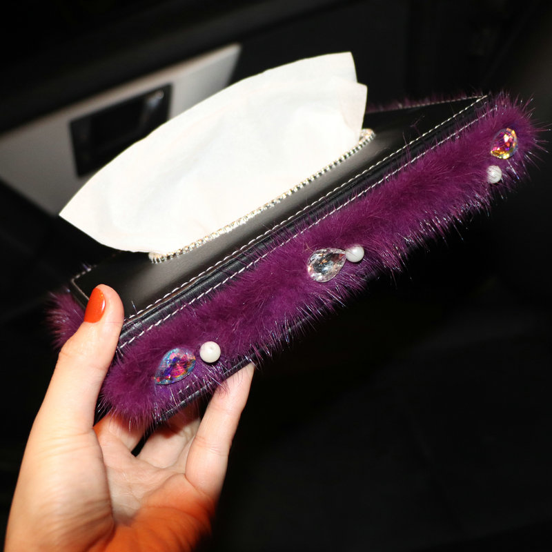 Top Grade Diamond Leather Car Tissue Paper Box Case Purple Plush Crystal For Office Home Decor - Black