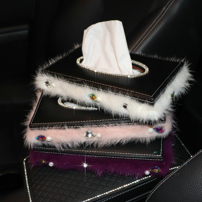 Top Grade Diamond Leather Car Tissue Paper Box Case Pink Plush Crystal For Office Home Decor - Black