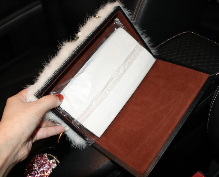 Top Grade Diamond Leather Car Tissue Paper Box Case Pink Plush Crystal For Office Home Decor - Black
