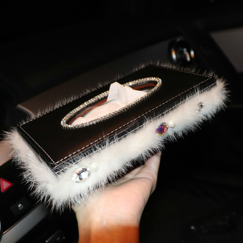 Top Grade Diamond Leather Car Tissue Paper Box Case White Plush Crystal For Office Home Decor - Black