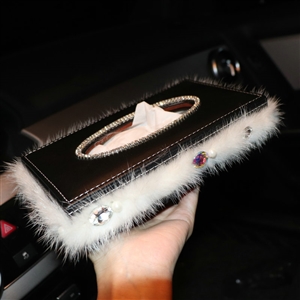 Top Grade Diamond Leather Car Tissue Paper Box Case White Plush Crystal For Office Home Decor - Black