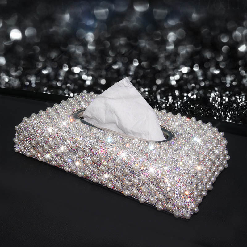 Top Grade Diamond Pearl Car Tissue Paper Box Case Creative Crystal For Office Home Decor - White
