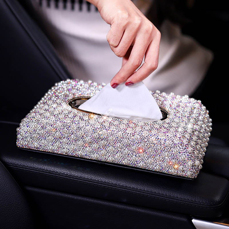 Top Grade Diamond Pearl Car Tissue Paper Box Case Creative Crystal For Office Home Decor - White