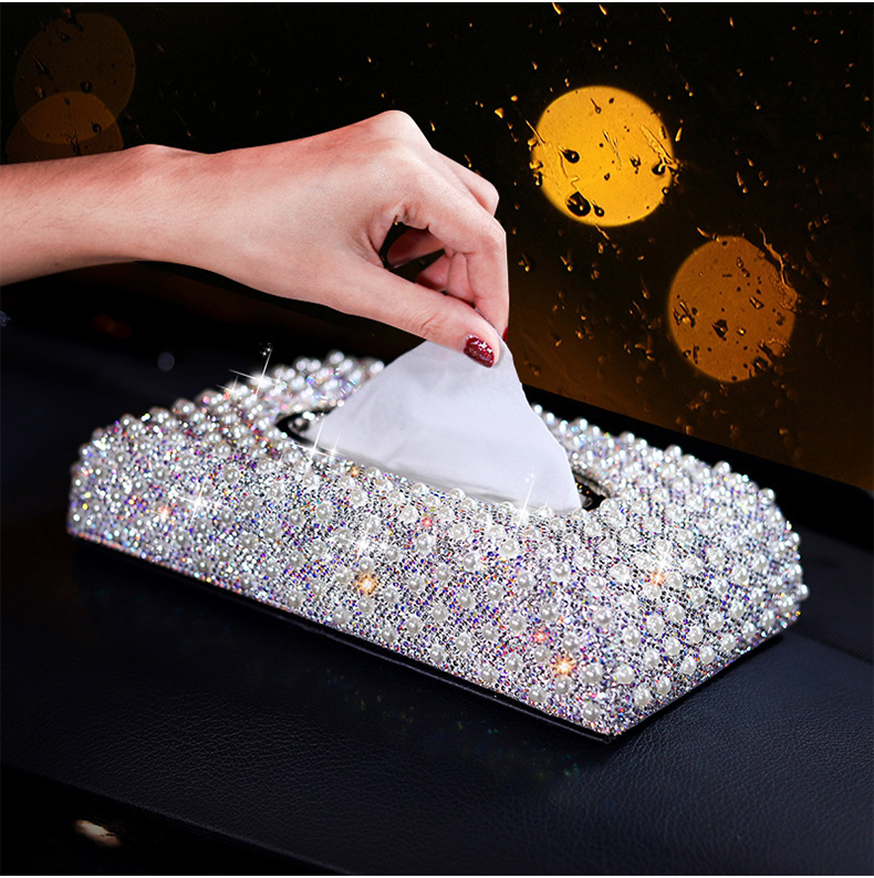 Top Grade Diamond Pearl Car Tissue Paper Box Case Creative Crystal For Office Home Decor - White