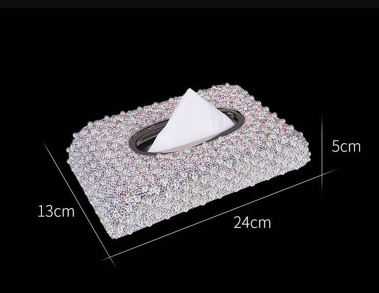 Top Grade Diamond Pearl Car Tissue Paper Box Case Creative Crystal For Office Home Decor - White