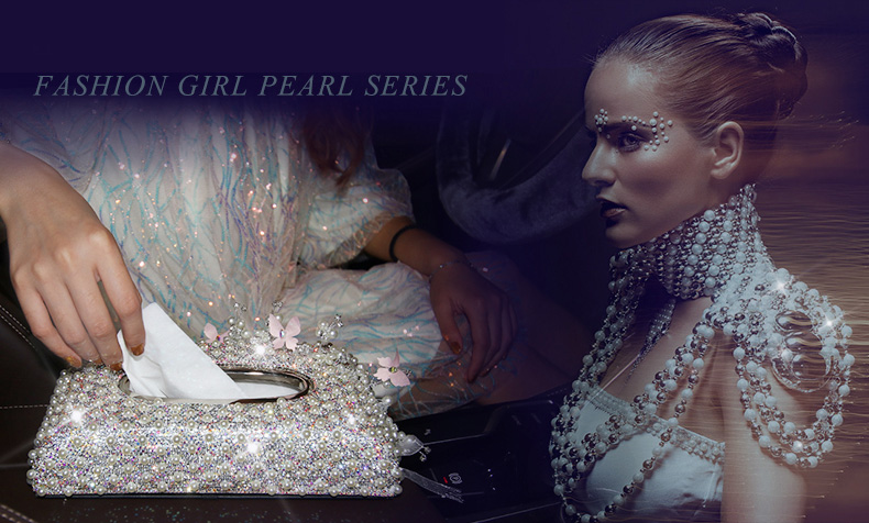 Top Grade Diamond Pearl Car Tissue Paper Box Case Creative Crystal For Office Home Decor - White