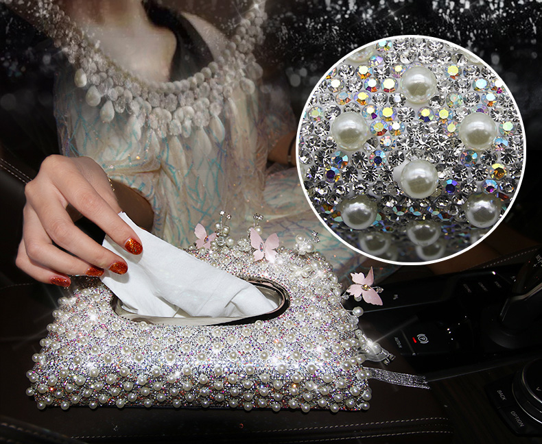Top Grade Diamond Pearl Car Tissue Paper Box Case Creative Crystal For Office Home Decor - White