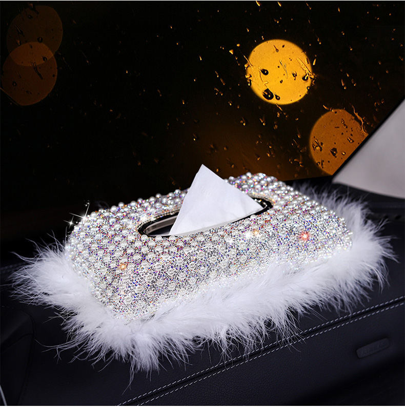 Top Grade Diamond Pearl Car Tissue Paper Box Case Plush Crystal For Office Home Decor - White