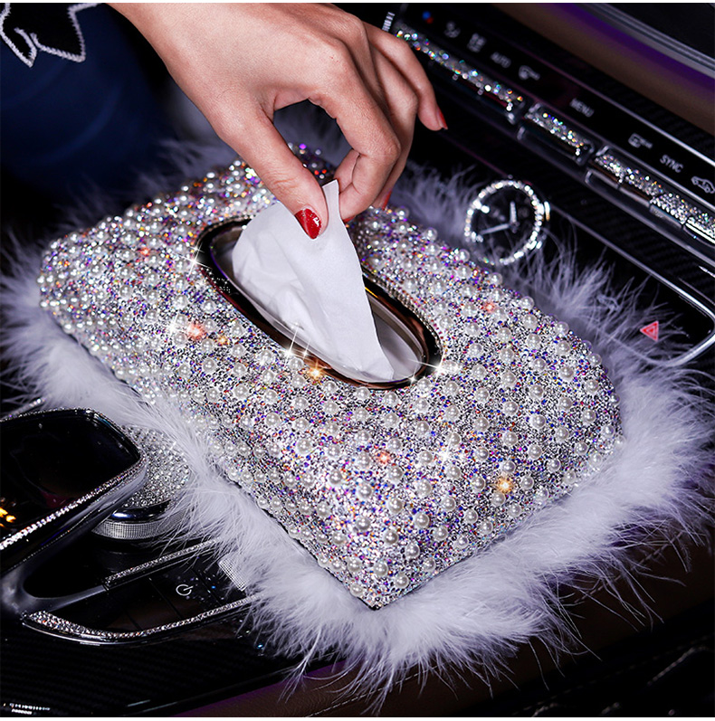 Top Grade Diamond Pearl Car Tissue Paper Box Case Plush Crystal For Office Home Decor - White