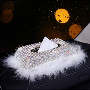 Top Grade Diamond Pearl Car Tissue Paper Box Case Plush Crystal For Office Home Decor - White