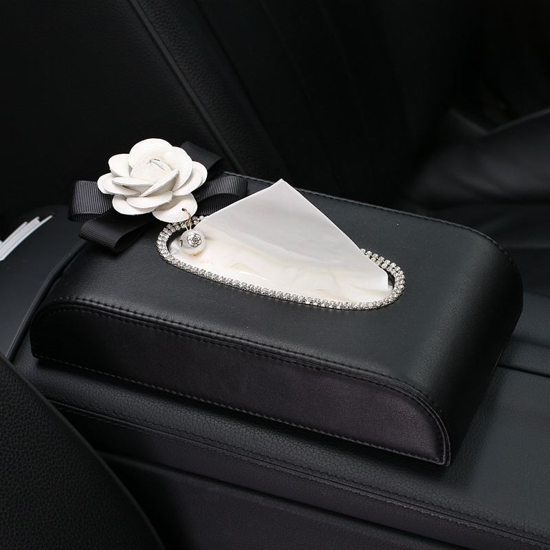 White Camellia Bling Leather Car Tissue Paper Box Holder Case Seat Back Good Tissue Bag - Black