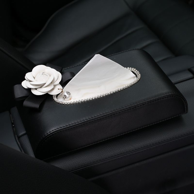 White Camellia Bling Leather Car Tissue Paper Box Holder Case Seat Back Good Tissue Bag - Black