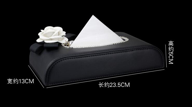 White Camellia Bling Leather Car Tissue Paper Box Holder Case Seat Back Good Tissue Bag - Black