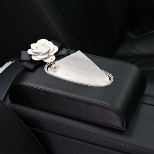 White Camellia Bling Leather Car Tissue Paper Box Holder Case Seat Back Good Tissue Bag - Black