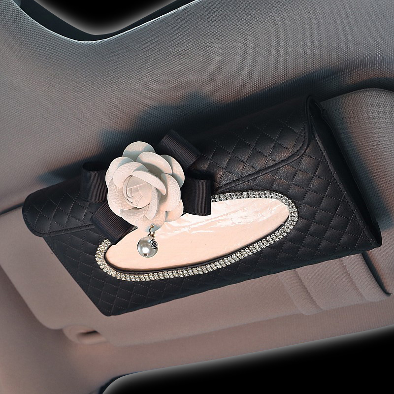 White Camellia Bling Leather Car Tissue Paper Box Holder Hanging Seat Back Good Tissue Bag - Black