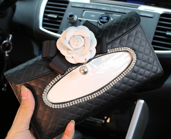 White Camellia Bling Leather Car Tissue Paper Box Holder Hanging Seat Back Good Tissue Bag - Black