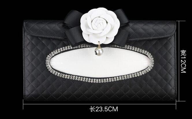 White Camellia Bling Leather Car Tissue Paper Box Holder Hanging Seat Back Good Tissue Bag - Black