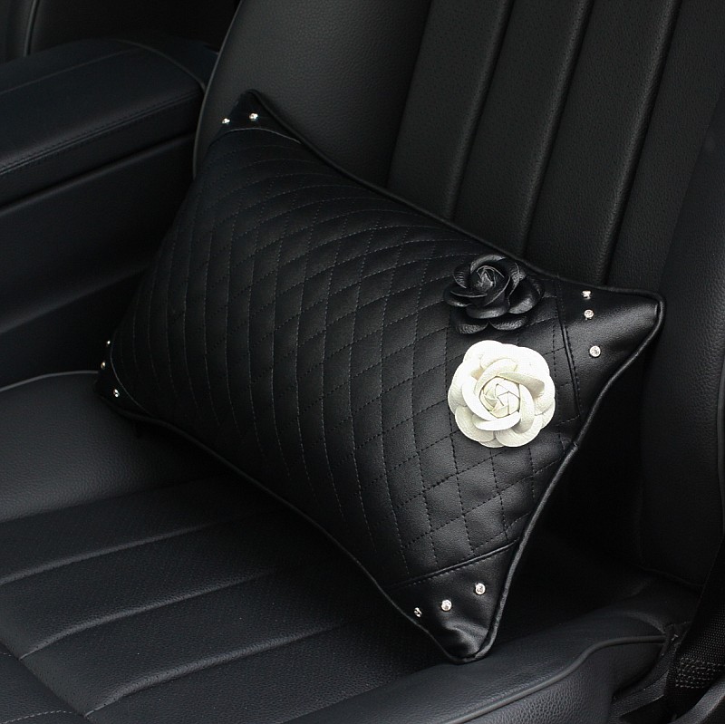White Camellia Female Rhinestone Car Seat Waist Pillows PU Leather Rectangle Cushions 1pcs - Black