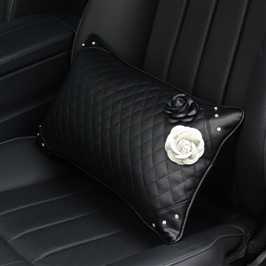 White Camellia Female Rhinestone Car Seat Waist Pillows PU Leather Rectangle Cushions 1pcs - Black