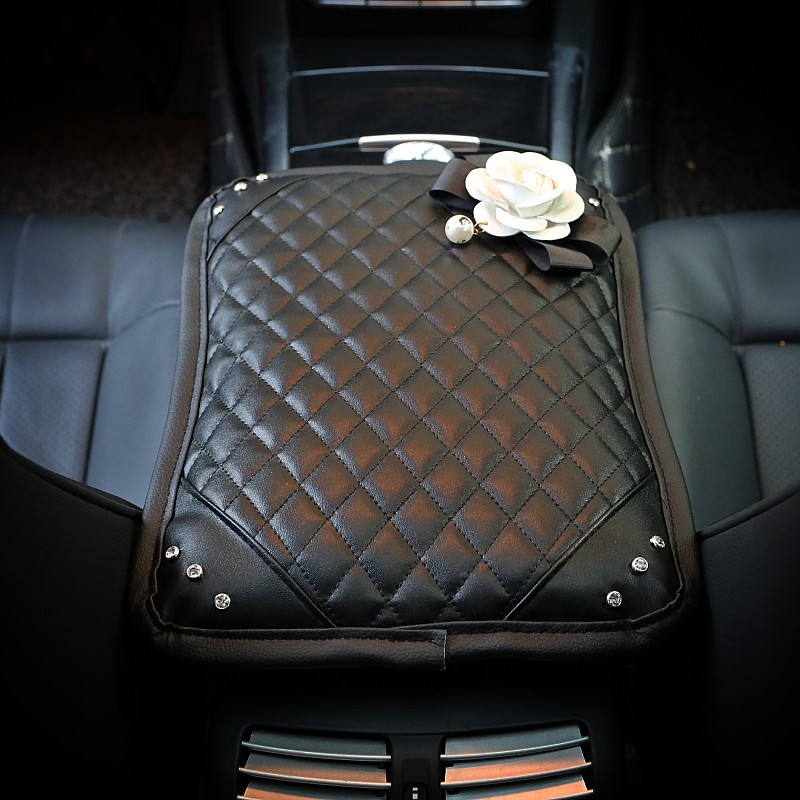 White Camellia Women Rhinestone Auto Armrest Pad PU Leather Armrest Cushions 1pcs - Black