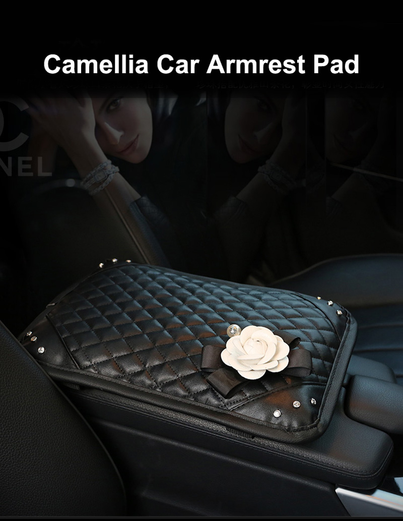 White Camellia Women Rhinestone Auto Armrest Pad PU Leather Armrest Cushions 1pcs - Black