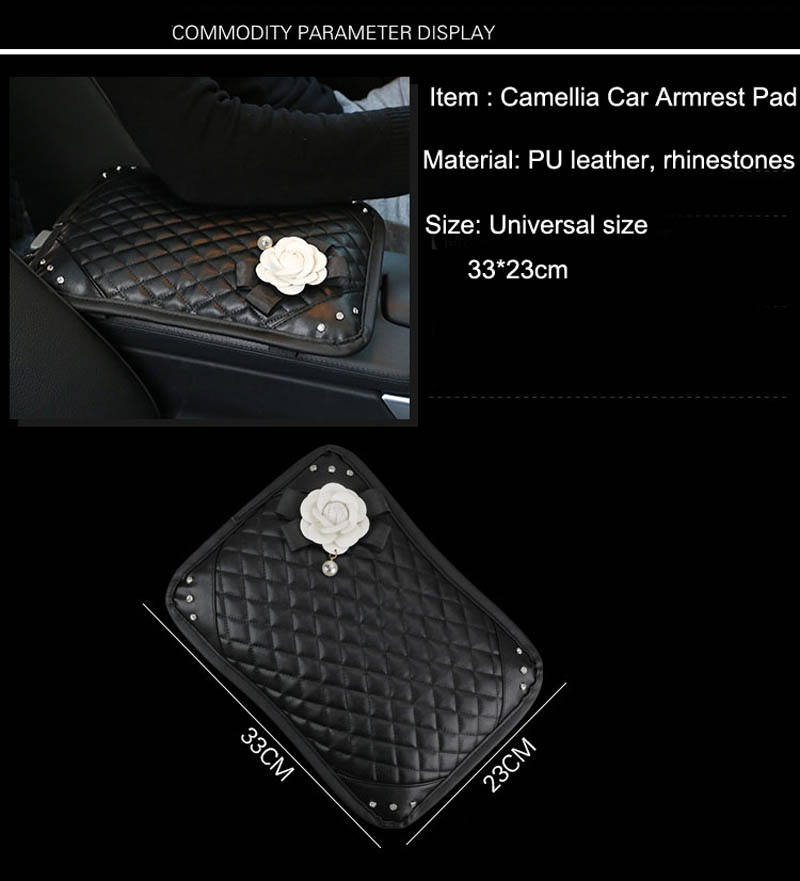 White Camellia Women Rhinestone Auto Armrest Pad PU Leather Armrest Cushions 1pcs - Black