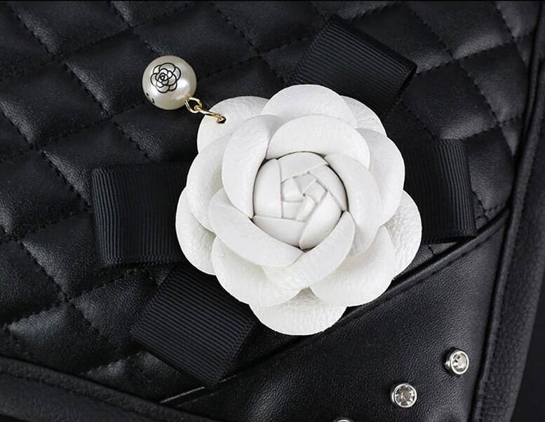 White Camellia Women Rhinestone Auto Armrest Pad PU Leather Armrest Cushions 1pcs - Black