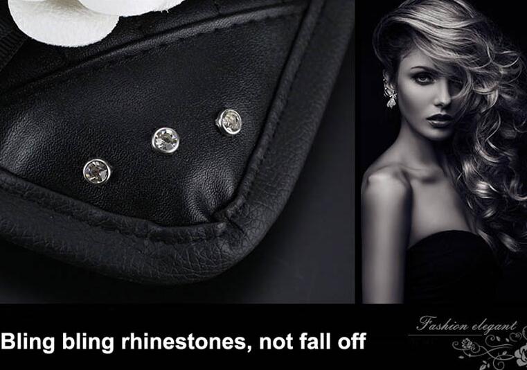 White Camellia Women Rhinestone Auto Armrest Pad PU Leather Armrest Cushions 1pcs - Black
