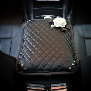 White Camellia Women Rhinestone Auto Armrest Pad PU Leather Armrest Cushions 1pcs - Black