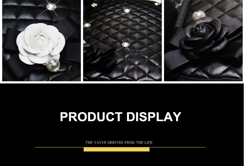 White Camellia Women Rhinestone Auto Armrest Pad PU Leather Armrest Cushions 1pcs - Black