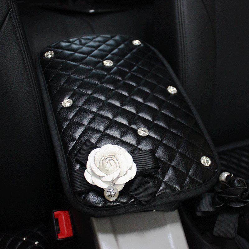 White Camellia Women Rhinestone Car Armrest Pad PU Leather Armrest Cushions 1pcs - Black