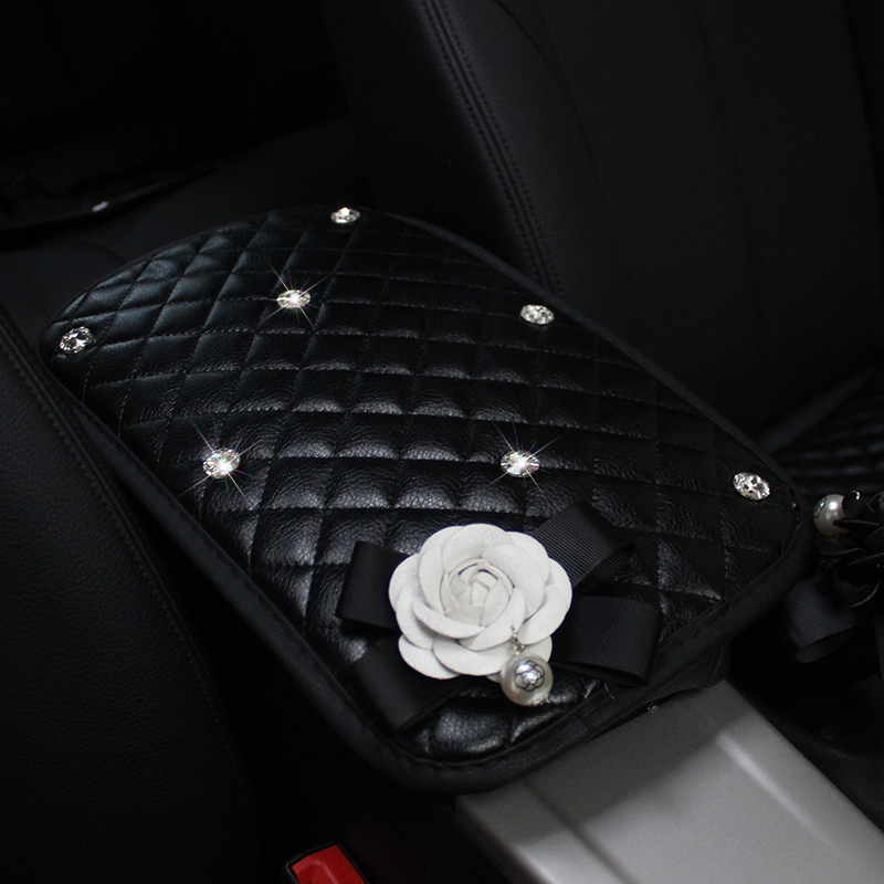 White Camellia Women Rhinestone Car Armrest Pad PU Leather Armrest Cushions 1pcs - Black