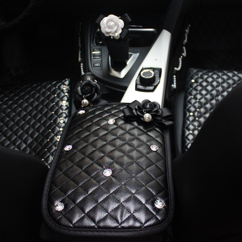 White Camellia Women Rhinestone Car Armrest Pad PU Leather Armrest Cushions 1pcs - Black