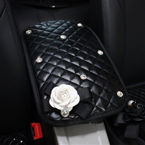 White Camellia Women Rhinestone Car Armrest Pad PU Leather Armrest Cushions 1pcs - Black