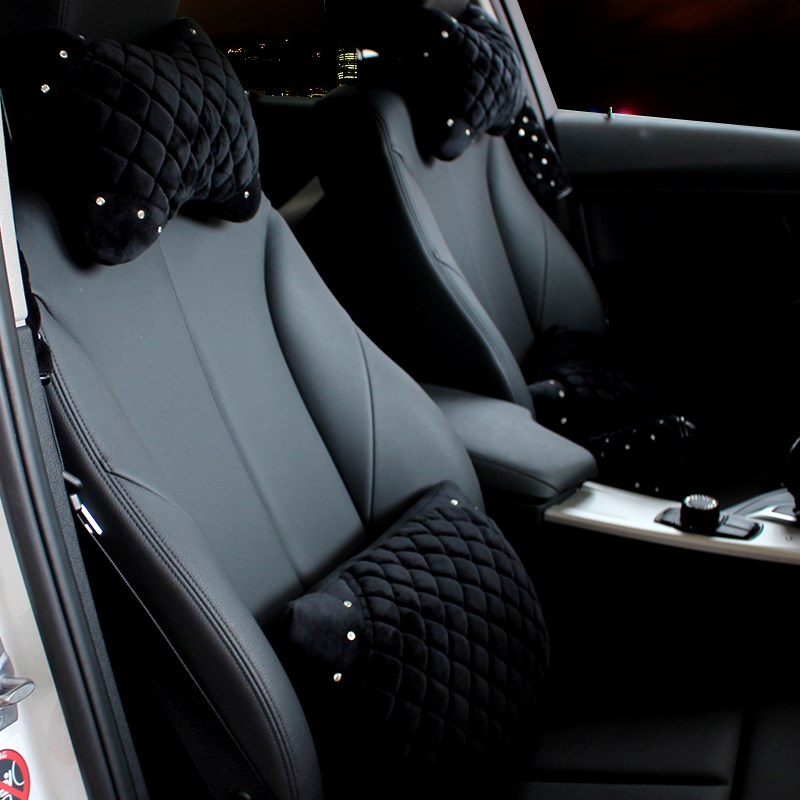 Winter Diamond Plush Car Neck Pillow Woman Universal Warm Headrest 1pcs - Black